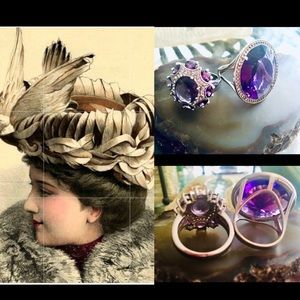 Vintage Pair  Silver 925 Amethyst & Clear Topaz Cocktail Ring both SZ 10
